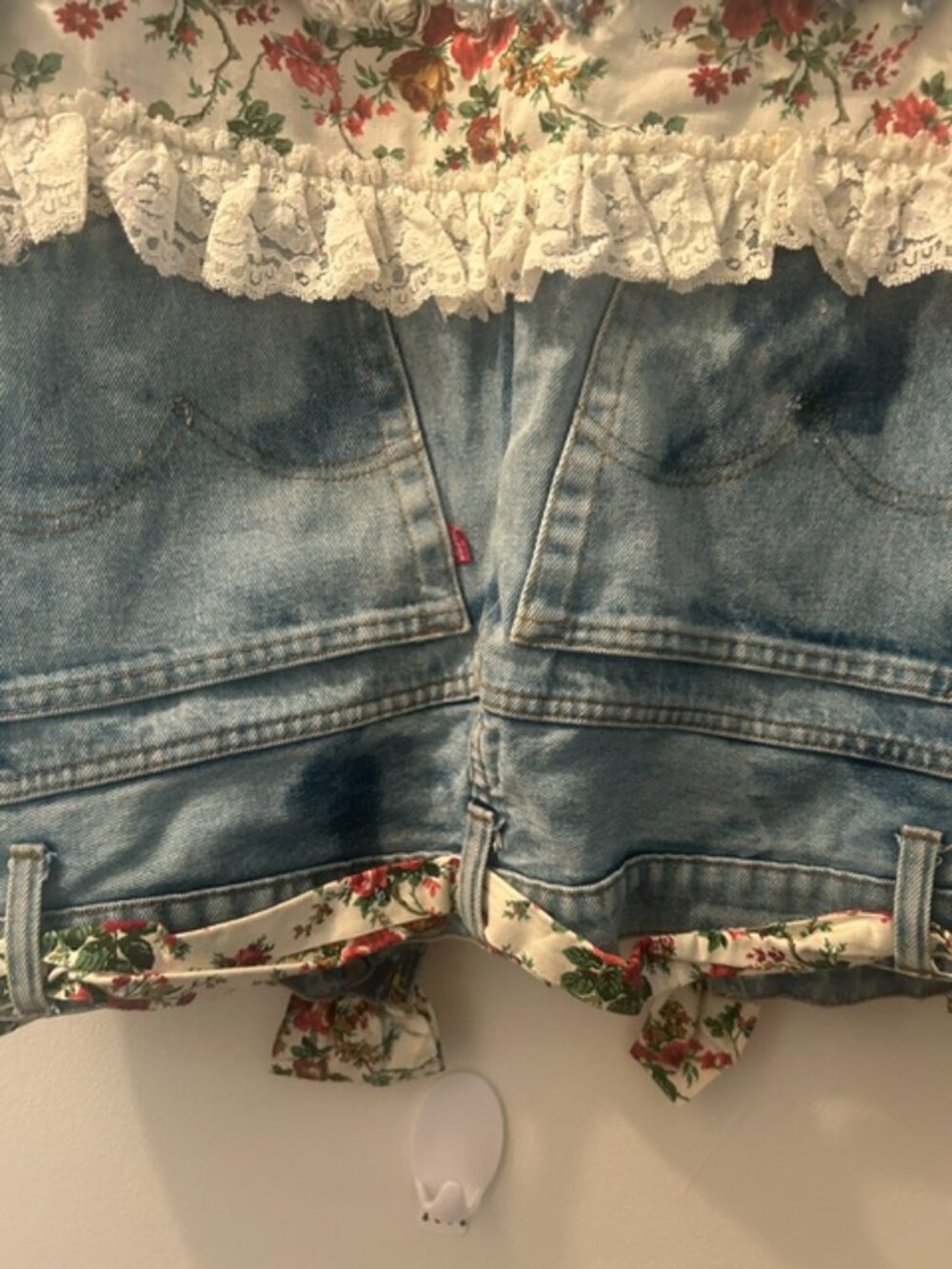 One of a Kind Upcycled Handcrafted Floral Lace Ribbon Distressed Denim Vest - Picture 15 of 16